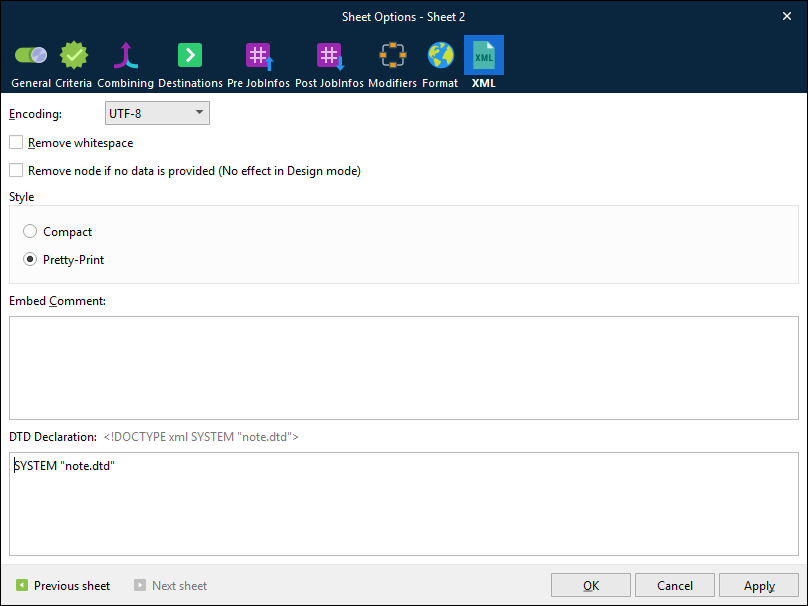 XML sheet options in Lasernet Core 11